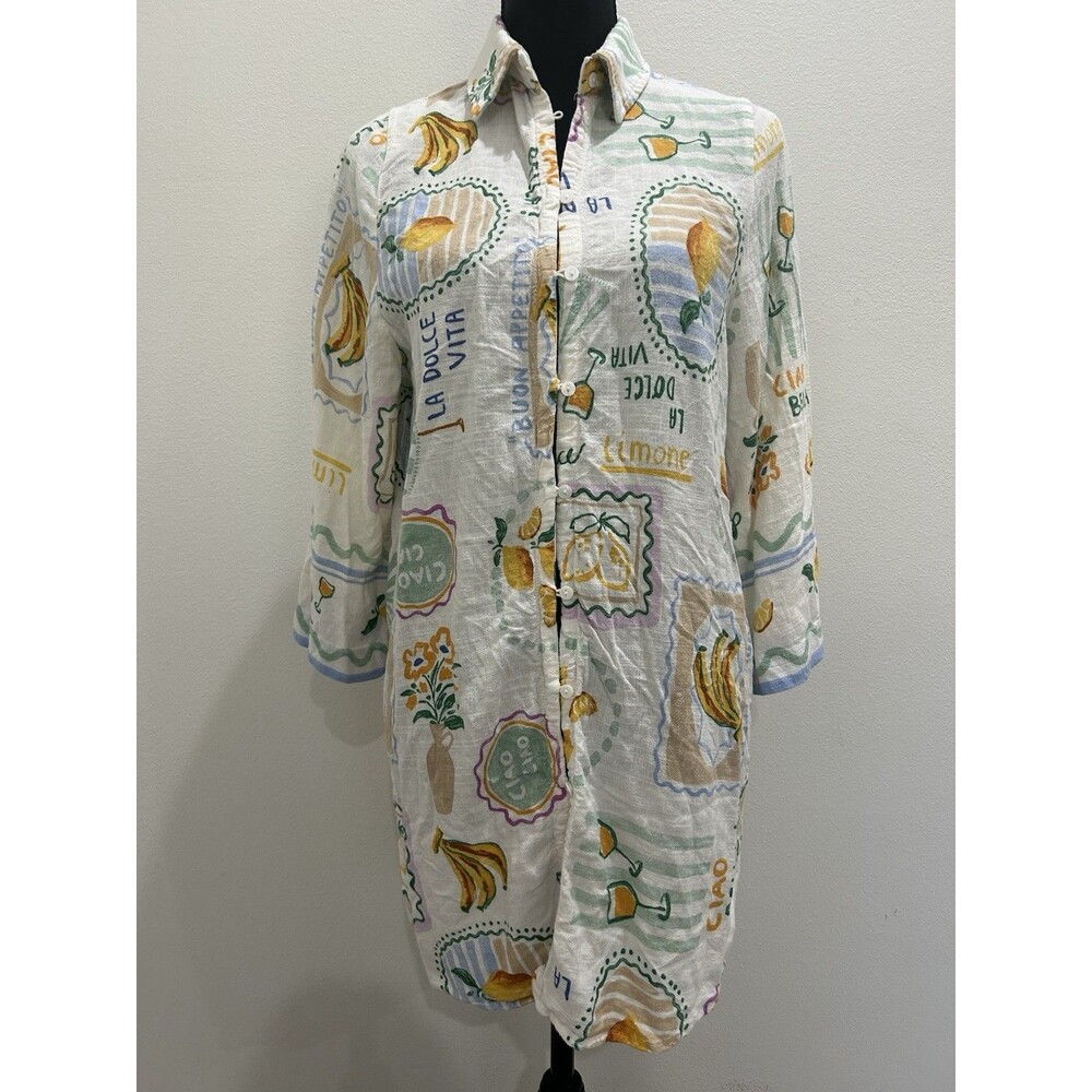 Label of Love Womens M Ciao Bella Italian Print Linen Blend Swim Cover Up